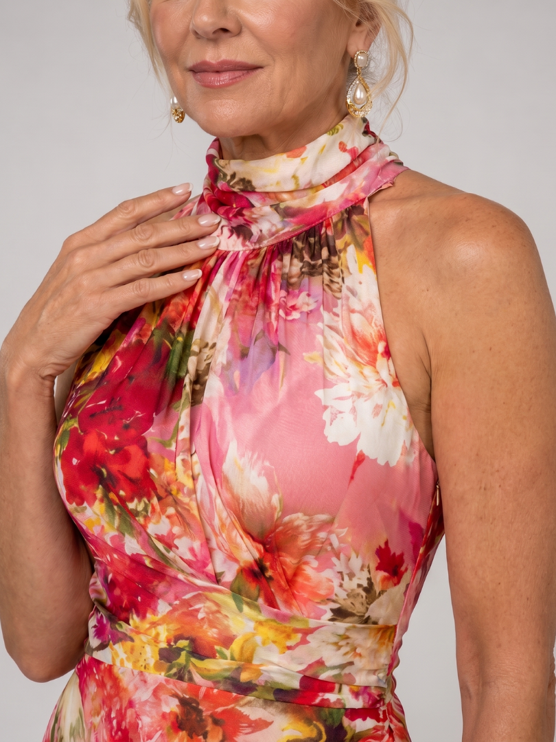 Floral Halter High Neck Floral Print Chiffon Draped Flowing Maxi Gown