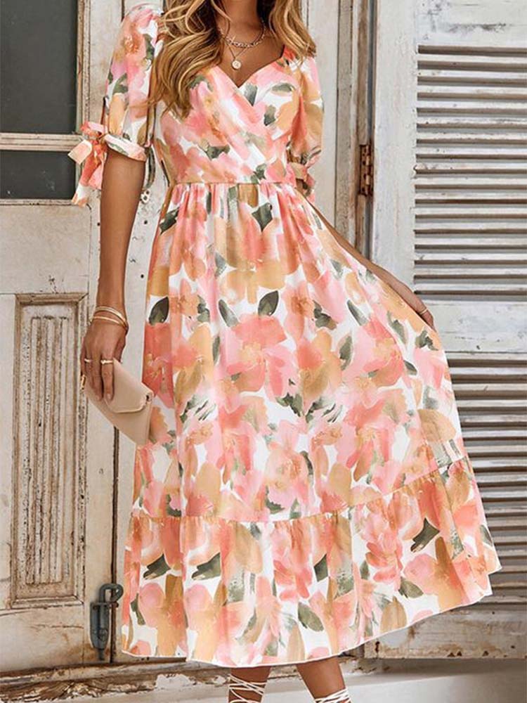Sweet Short Sleeve Print Midi Dress