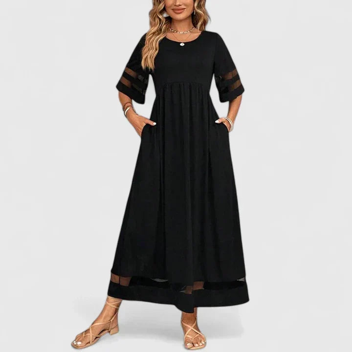 Round Neck Mesh Stripe Sleeve Empire Waist A-Line Maxi Dress