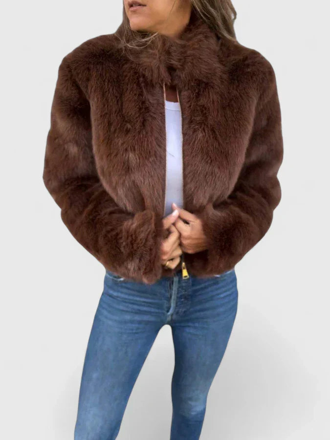 Stand Collar Faux Fur Zip Front Cropped Jacket