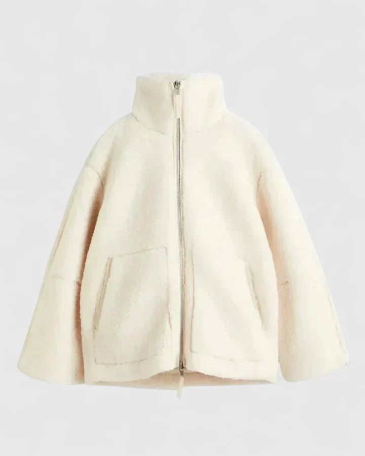 Stand Collar Zip-Front Patch Pocket Sherpa Teddy Jacket