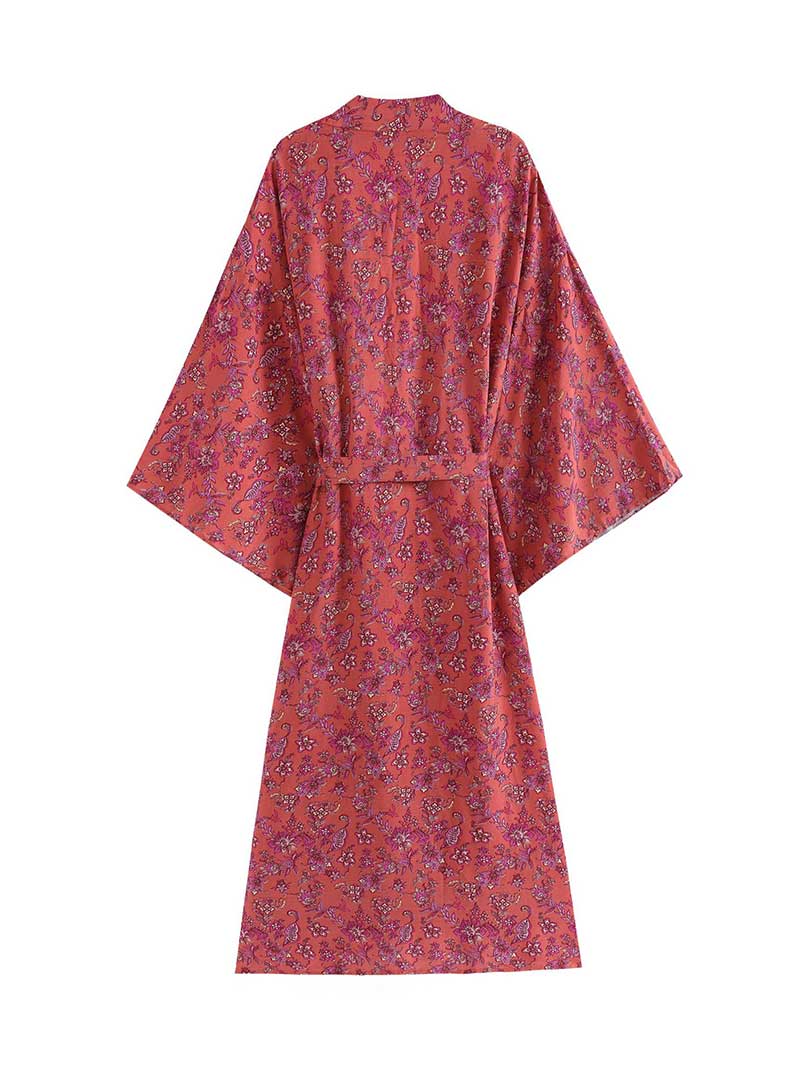 Red Ditsy Floral Print Tie Waist Long Wide Sleeve Kimono Robe 2