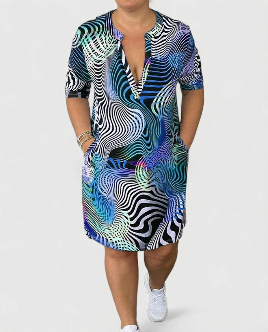 Notch V-Neck Abstract Swirl Print Short Sleeve Shift Midi Dress