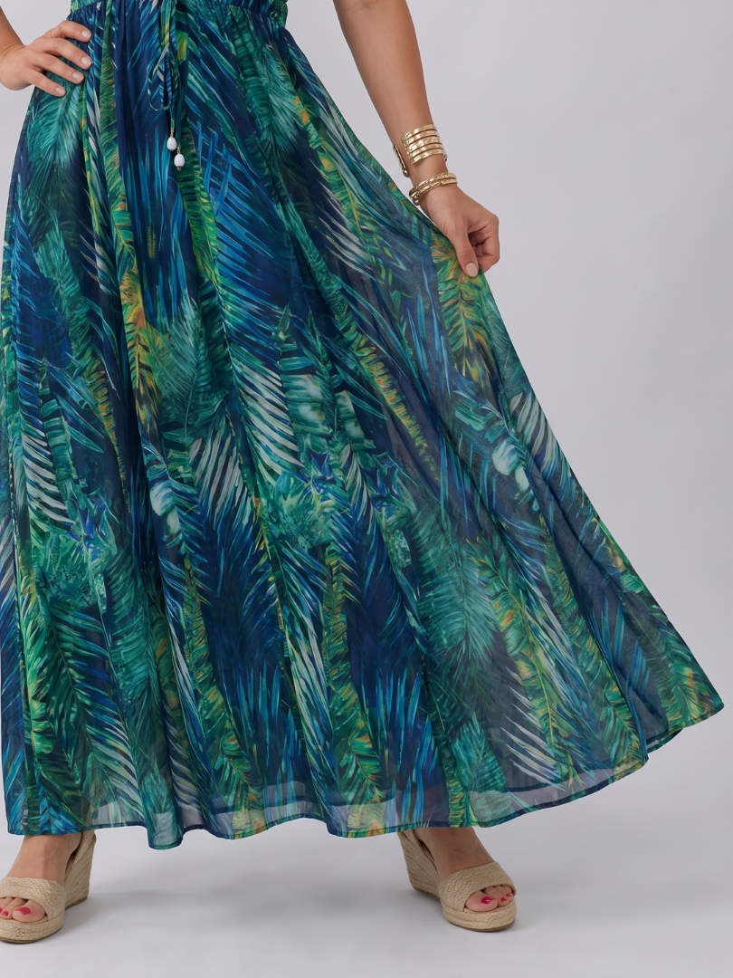 V-Neck Leaf Print Half Sleeve Crochet Trim Empire Maxi Dress 2