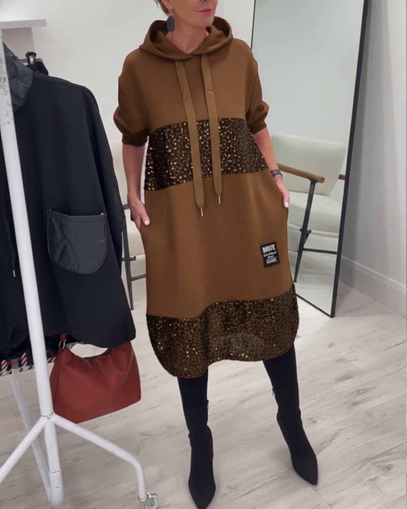 Hooded Drawstring Sequin Patchwork Panel Pocket Sweatshirt Midi Dress