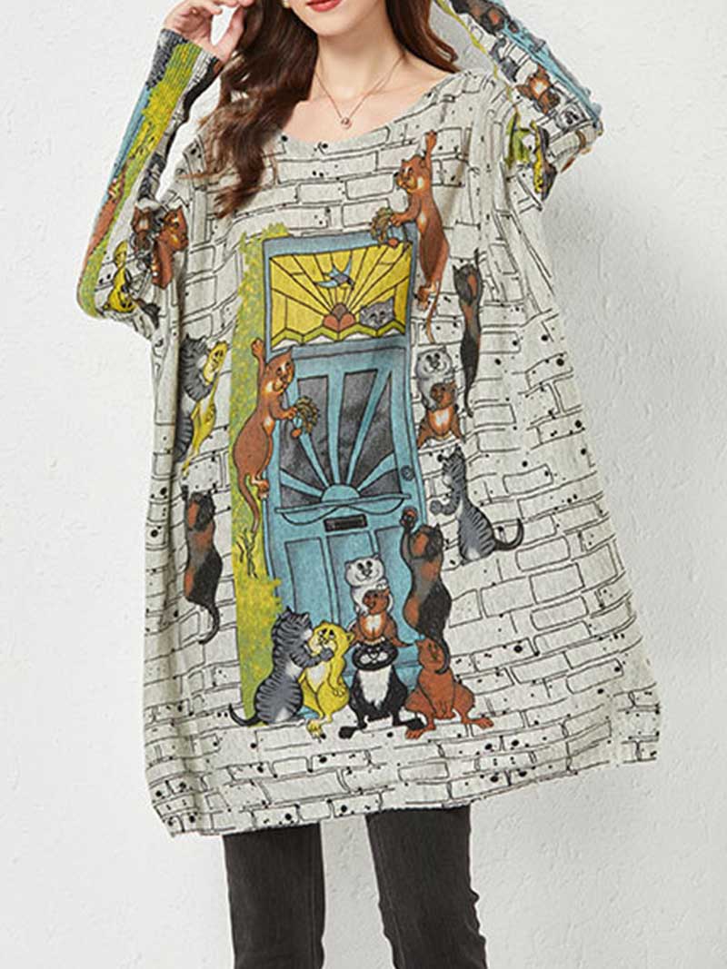 Grey Scoop Neck Novelty Graphic Print Long Sleeve Knit Tunic Top