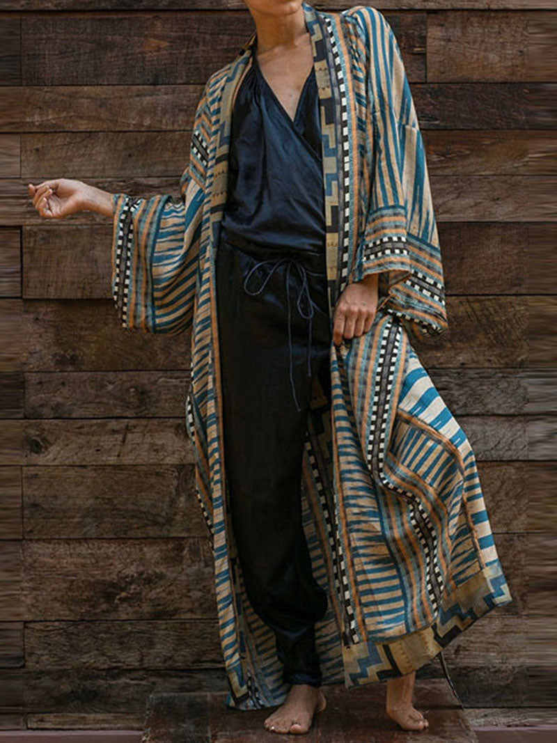 Striped Print Open Front Long Duster Robe Kimono 2