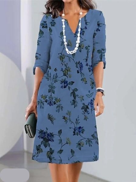 V-Neck Floral Print Roll-Tab Sleeve Shift Midi Dress