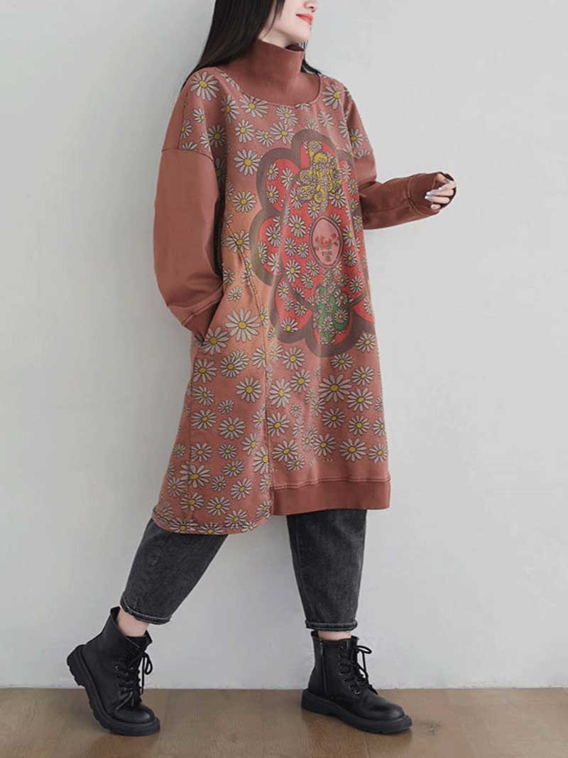 Turtleneck Floral Daisy Print Medallion Oversized Sweatshirt Midi Dress