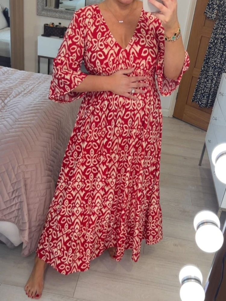 Red Mosaic Print 3/4 Sleeve Maxi Dress