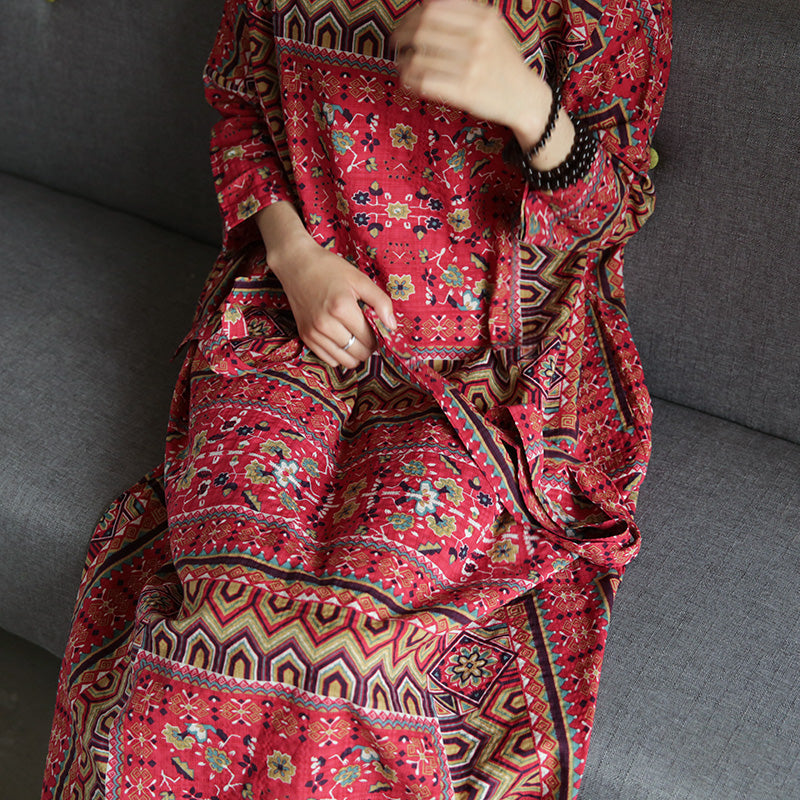 Red Round Neck Ethnic Print Tie Waist Loose Kaftan Maxi Dress