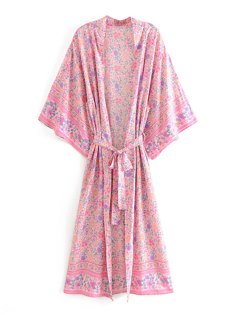 Pink Floral Print Border Trim Wide Sleeve Long Kimono
