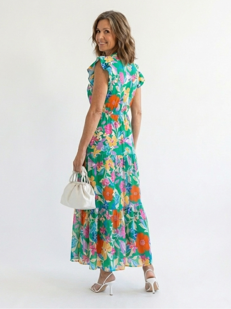 Split Neck Floral Print Ruffle Sleeve Tiered A-Line Maxi Dress