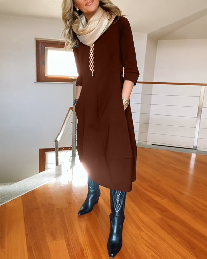 Round Neck Three Quarter Sleeve Pocket Cocoon Midi Dress