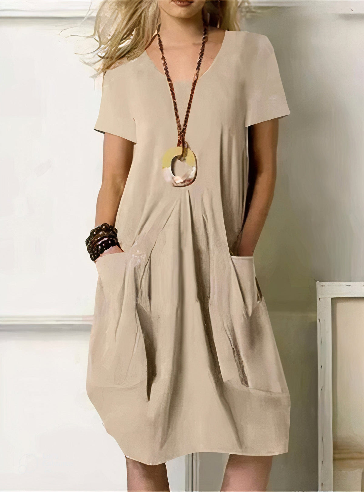 Round Neck Short Sleeve Pocket Linen Cocoon Midi Dress