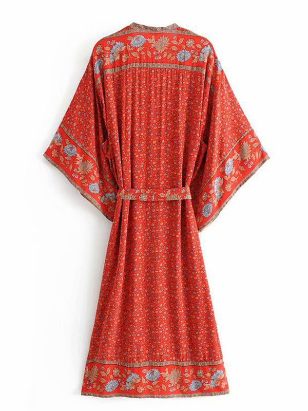 Red Bohemian Floral Border Print Belted Flared Sleeve Long Kimono Robe