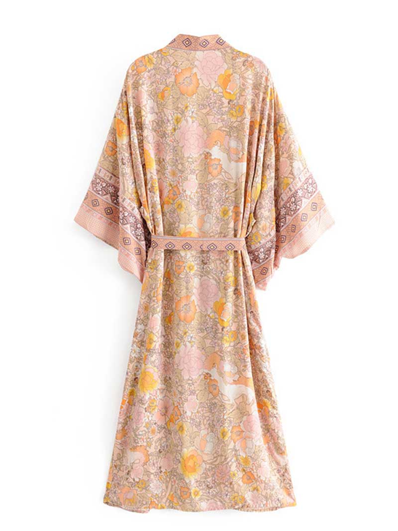 Multicolor Bohemian Floral Print Wide Sleeve Belted Long Kimono Robe 2