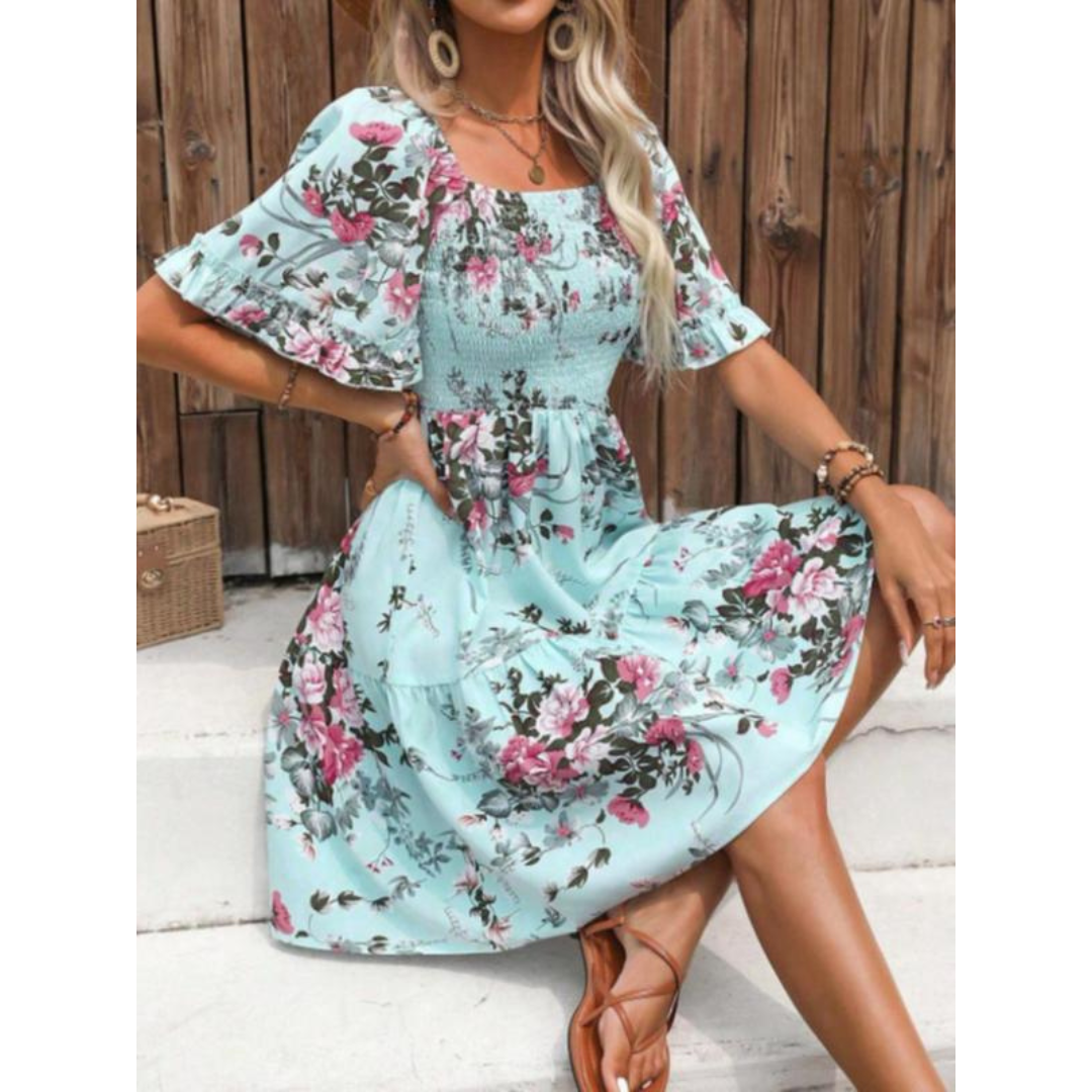 Square Neck Floral Shirred Bodice Flounce Sleeve Tiered Mini Dress