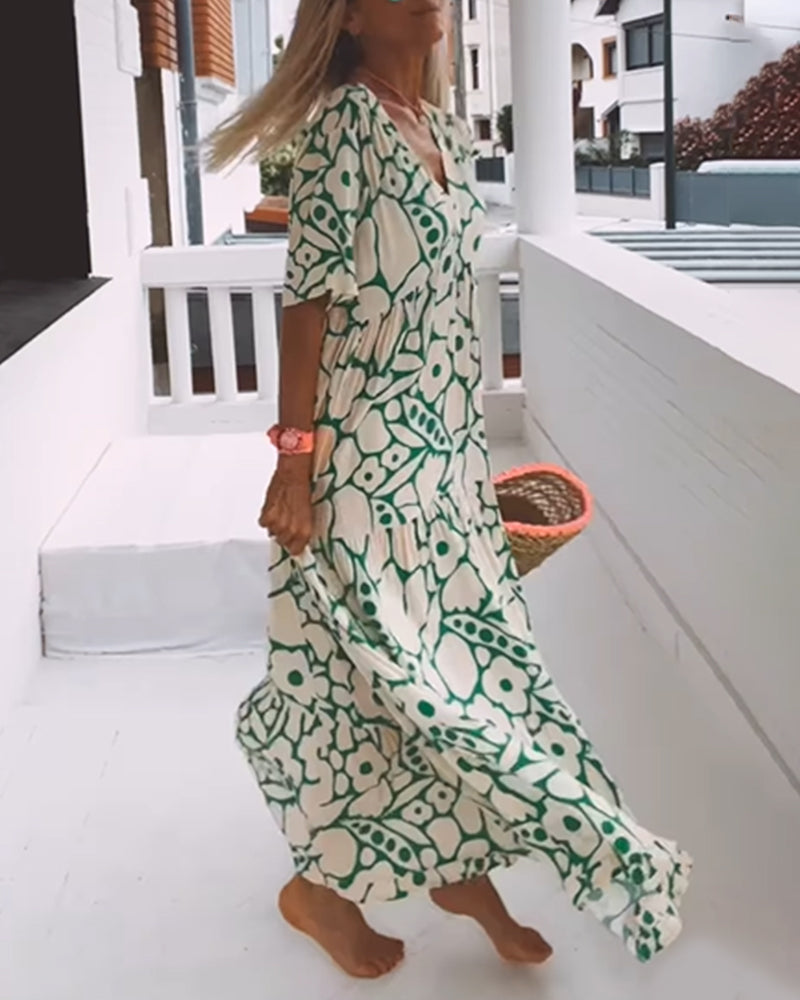 Yoselin Boutique Loose Fitting V Neck Dress with Print Chic Silhouette Collection