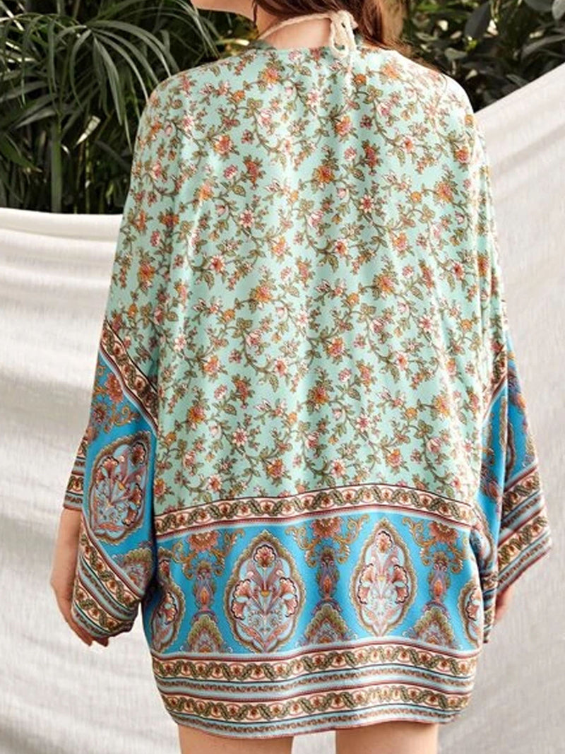 Green Floral Border Print Tie Waist Bell Sleeve Short Kimono