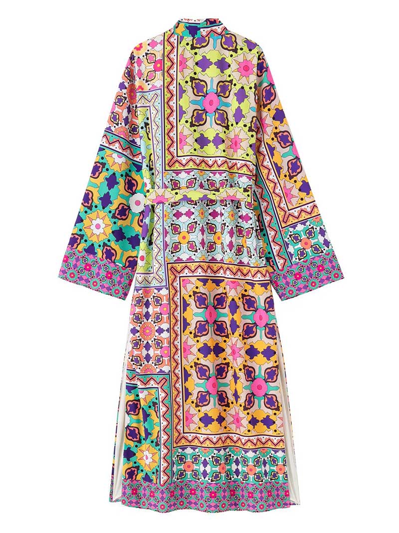 Multicolor Mixed Print Tie Waist Long Sleeve Longline Kimono Robe