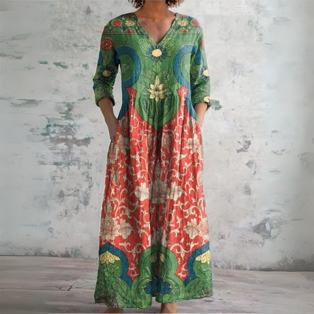 Multicolor V-Neck Long Sleeve Baroque Floral Pocket A-Line Maxi Dress
