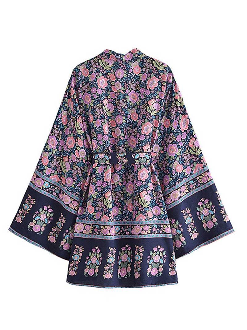 Ditsy Floral Print Wide Sleeve Belted Short Kimono Robe