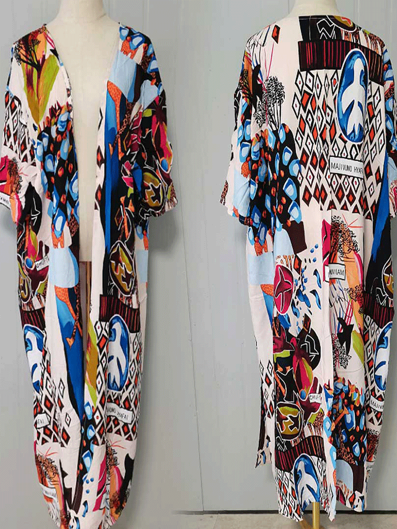 White Abstract Print Open Front Long Kimono Duster Robe