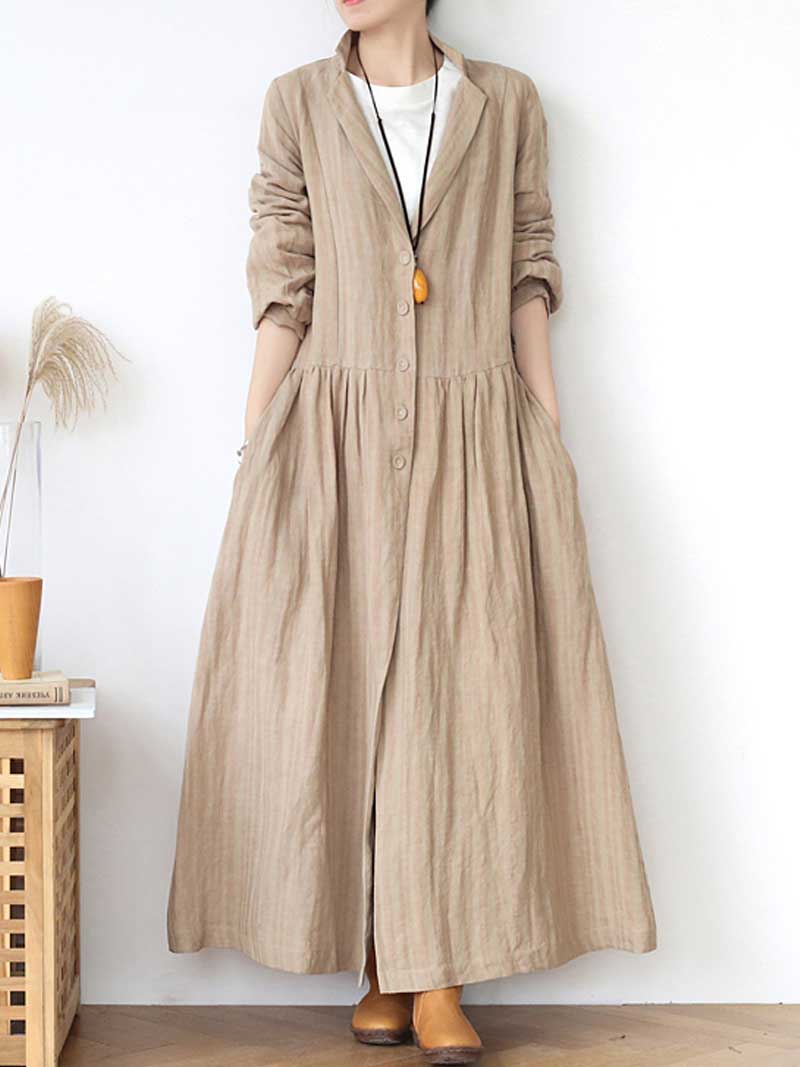 Lapel Collar Button Front Pleated Linen Duster Coat