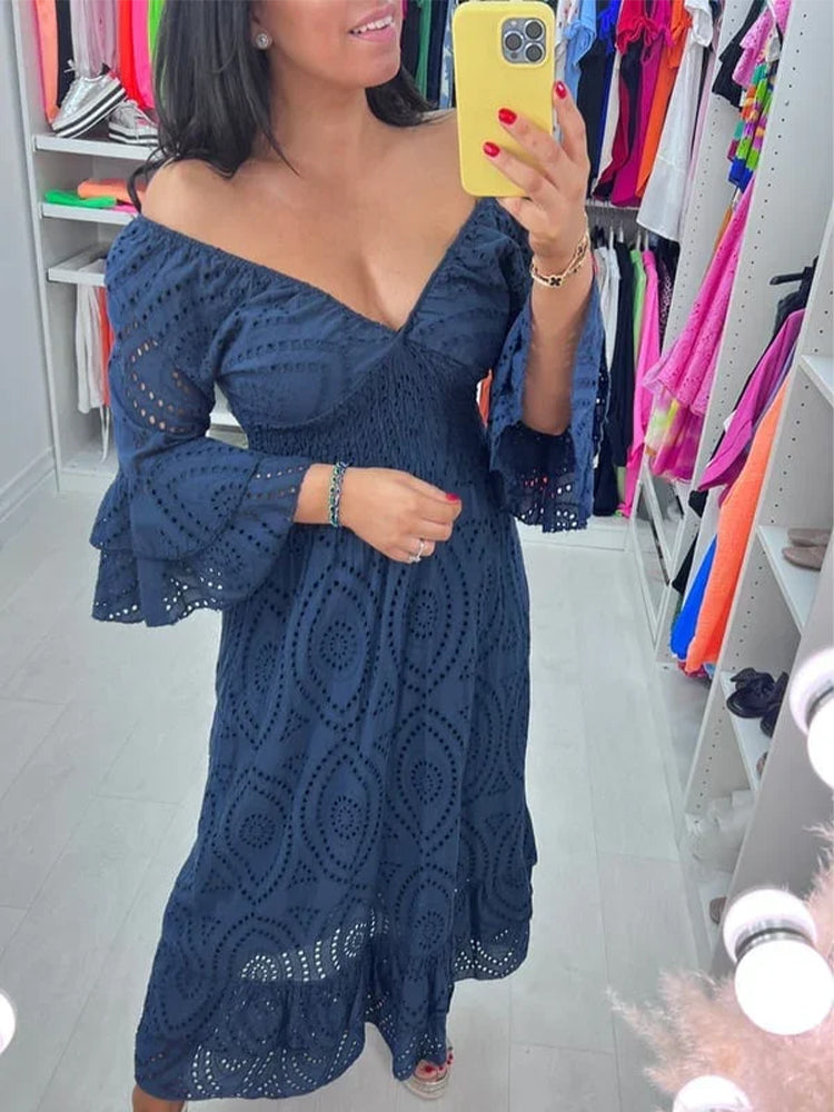 Embroidery Anglaise Frill Sleeve Midi Dress