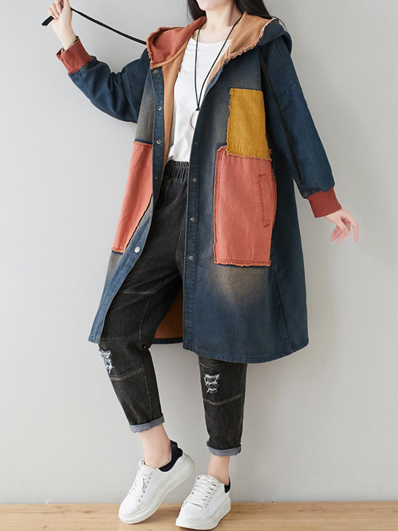 Blue Hooded Denim Colorblock Patch Pocket Button Long Line Coat 3