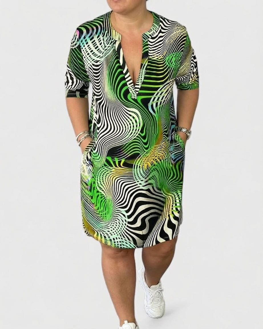 Notch V-Neck Abstract Swirl Print Short Sleeve Shift Midi Dress