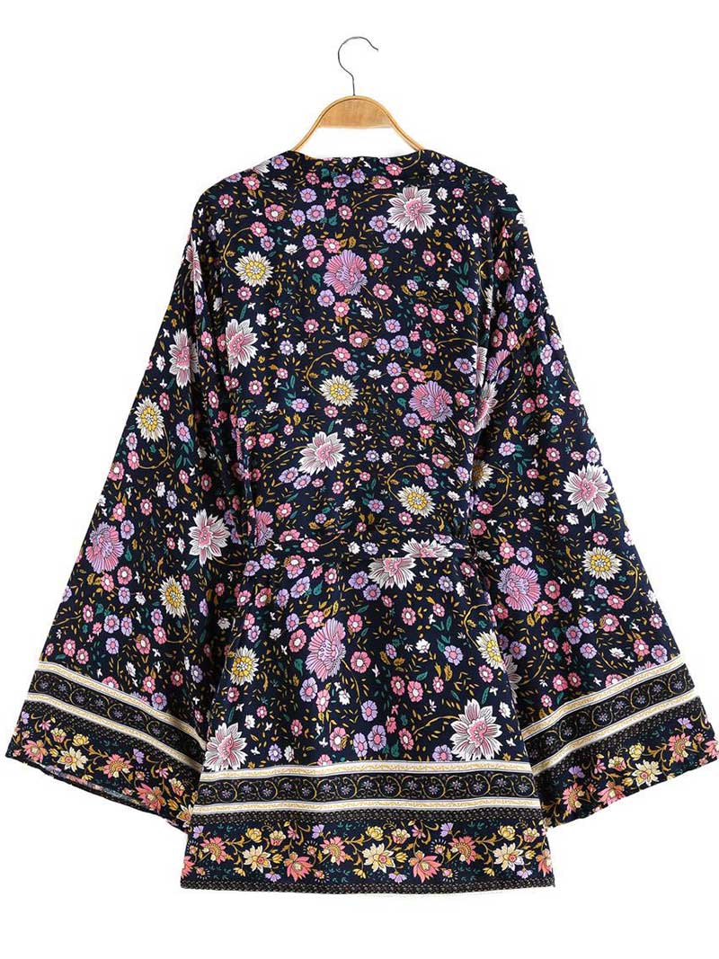 Black Floral Print Tie Waist Bell Sleeve Short Kimono Robe