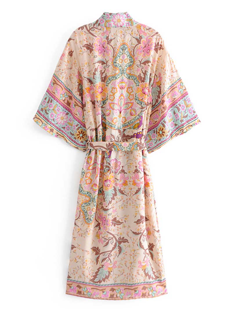 Beige Paisley Floral Print Border Trim Tie Waist Long Kimono