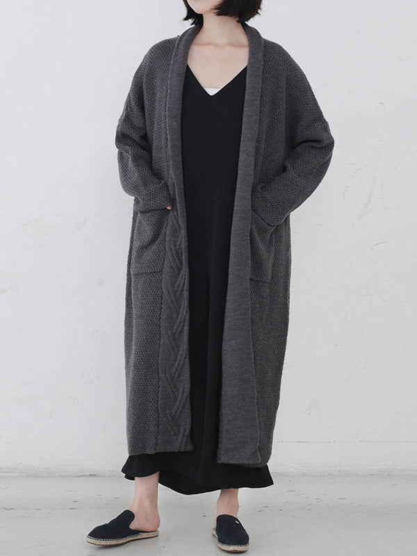 Open Front Cable Knit Longline Pocket Cardigan