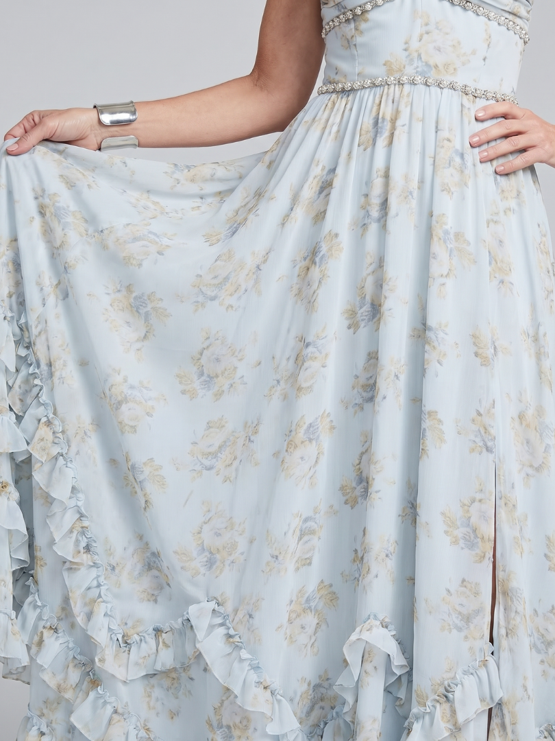 Halter V-Neck Beaded Floral High Slit Ruffle Hem Maxi Gown 2