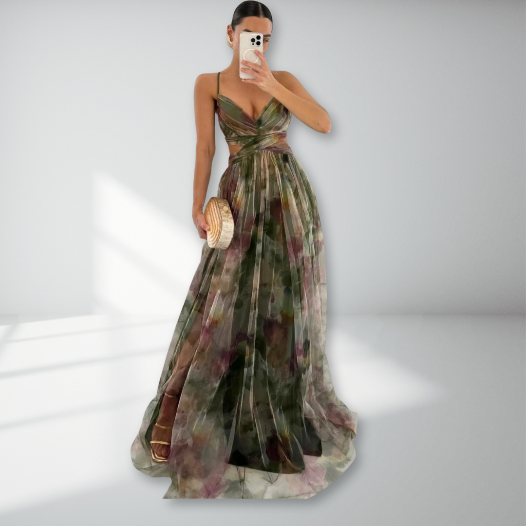 Spaghetti Strap V-Neck Floral Tulle Ruched Waist A-Line Maxi Dress