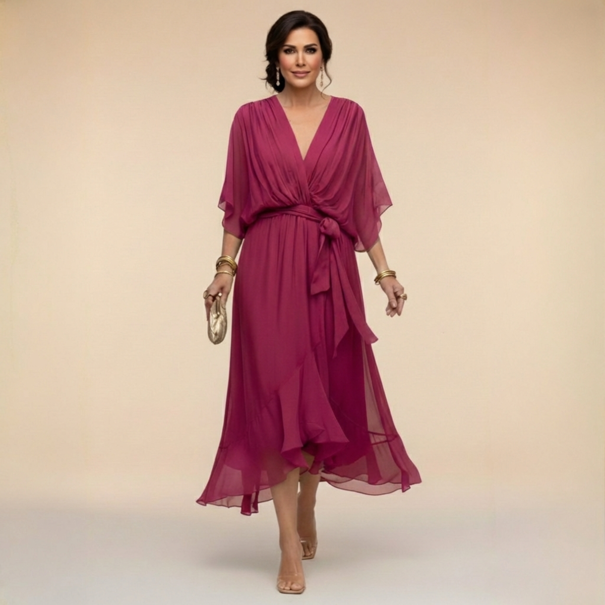V-Neck Chiffon Batwing Sleeve Tie Waist Ruffle Hem Midi Dress