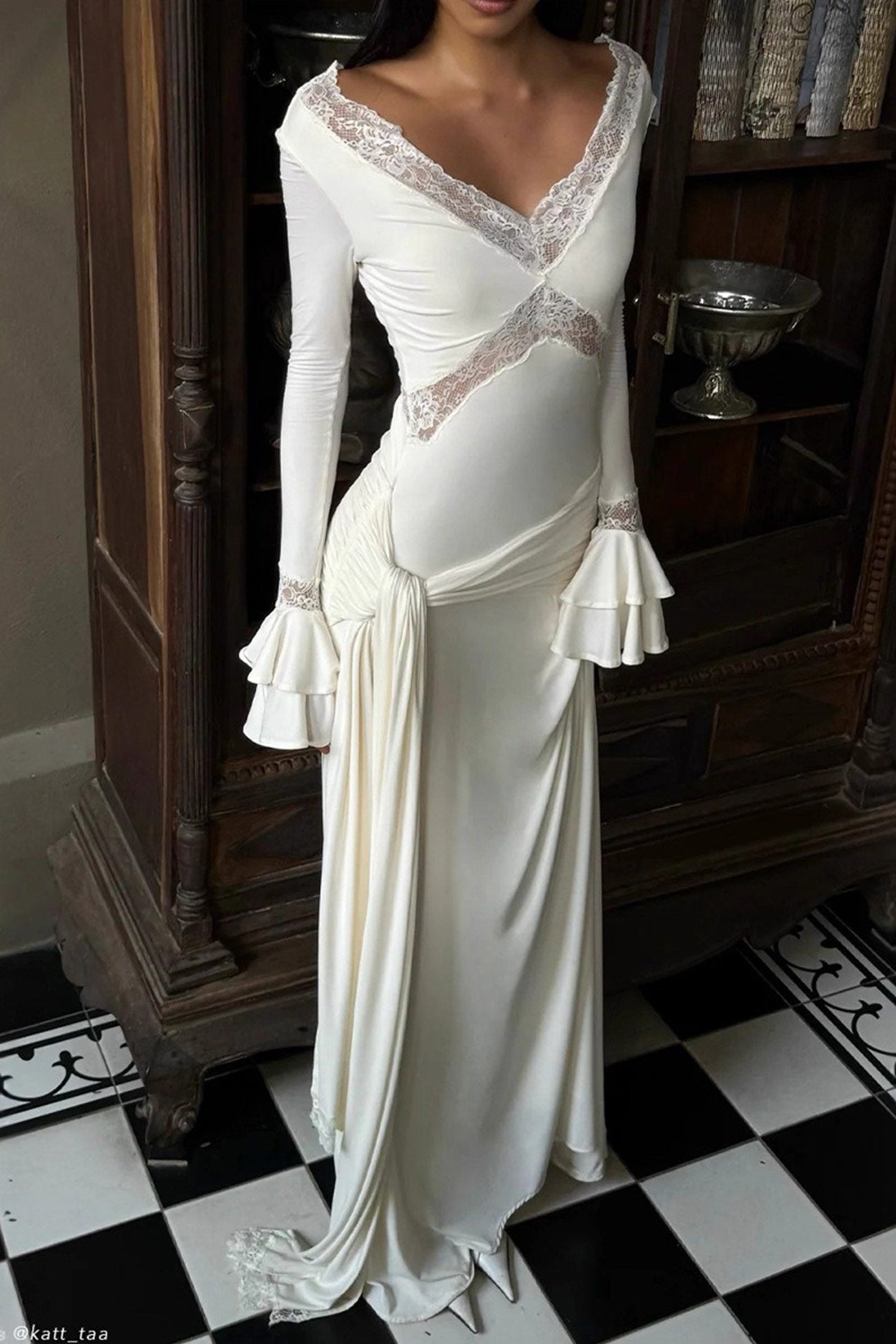Lace Patchwork Flare Sleeve Tie up Maxi Dress