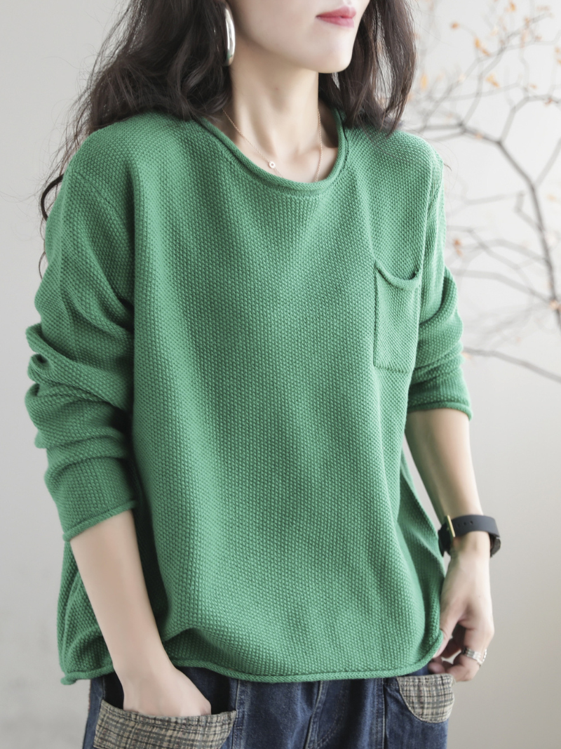 Round Neck Patch Pocket Long Sleeve Loose Knit Sweater