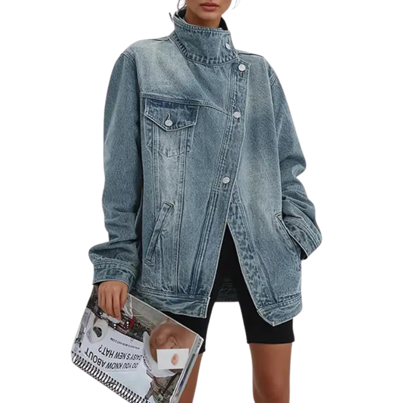 Stand Collar Asymmetric Button Oversized Denim Jacket 2