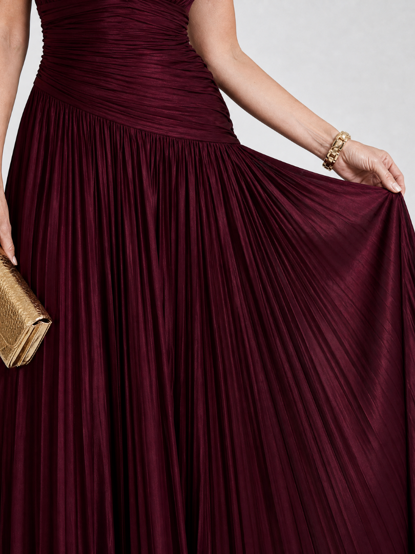 V-Neck Sleeveless Ruched Pleated Bodice Maxi Gown 3
