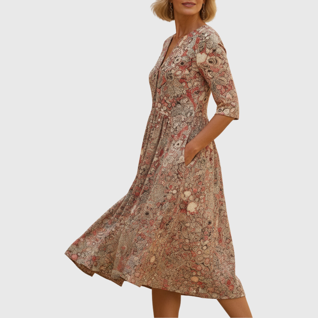 V-Neck Paisley Floral Print Three Quarter Sleeve A-Line Midi Dress 2