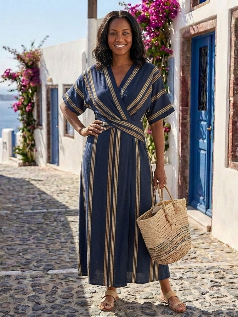 Navy Surplice V-Neck Striped Kimono Sleeve Tie Waist Flowing Maxi Dress