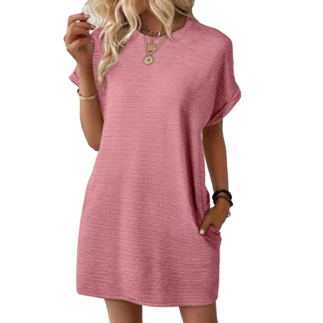 Round Neck Textured Cuffed Sleeve Pocket Shift Mini Dress