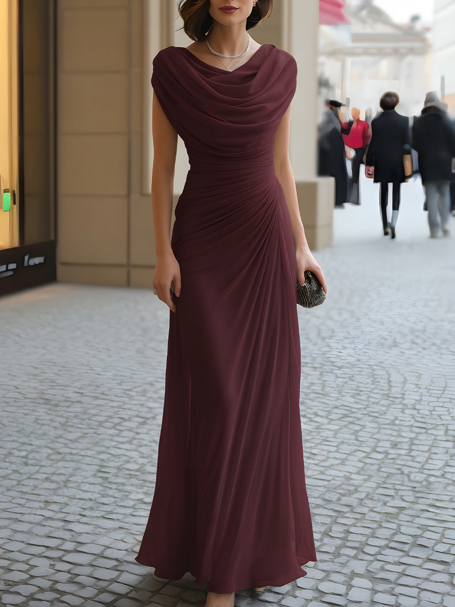 Cowl Neck Draped Ruched Chiffon A-Line Maxi Gown 5