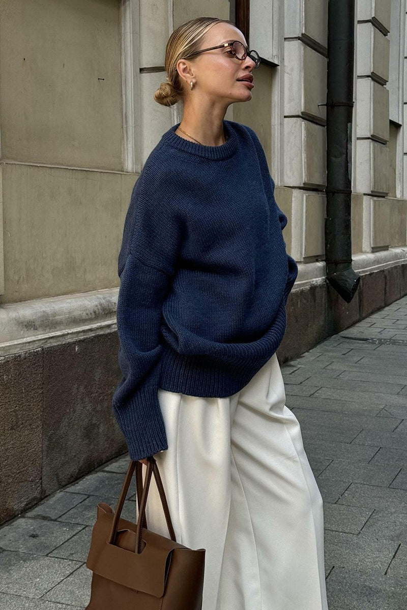 Classic Solid Crew Neck Relaxed Knit Sweater