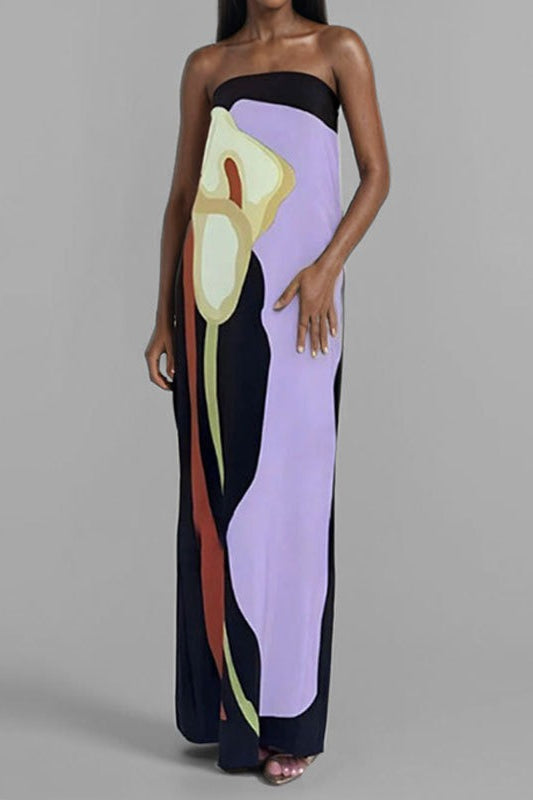 Strapless Oversized Abstract Floral Placement Print Column Maxi Dress 6