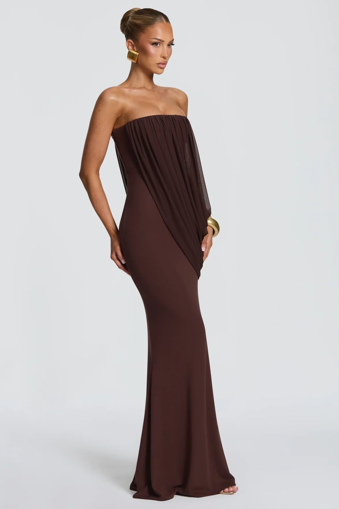 Draped Mesh Tube Irregular Ruche Maxi Slim Bodycon Dress