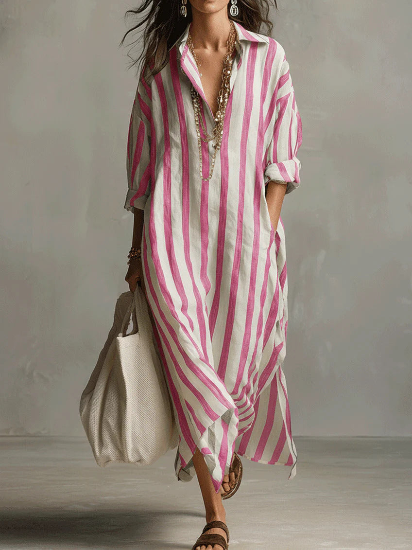 Collared Striped Long Sleeve Oversized Linen Shirt Maxi Dress 5